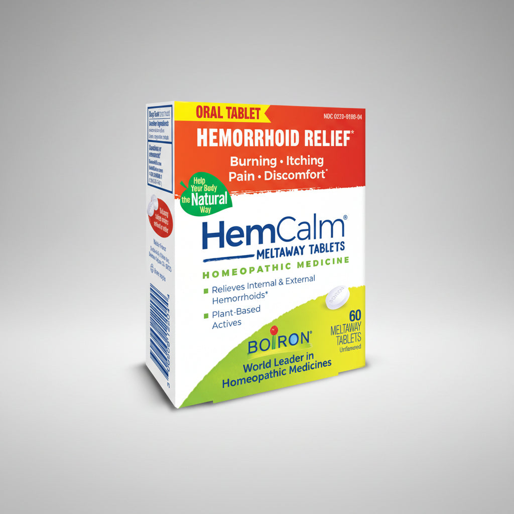 Box of HemCalm Hemorrhoid Relief tablets on a white background