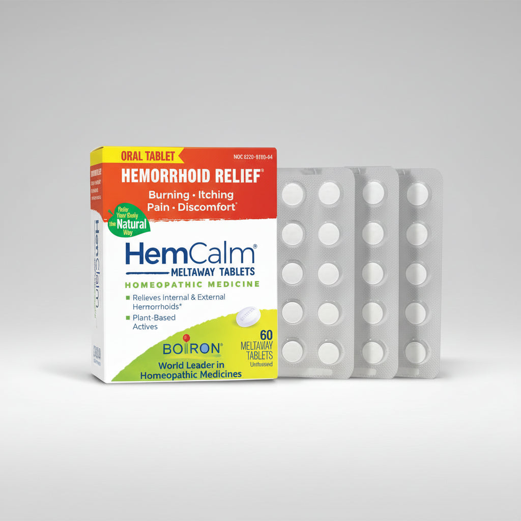 HemCalm hemorrhoid relief tablets packaging with tablets on a white background