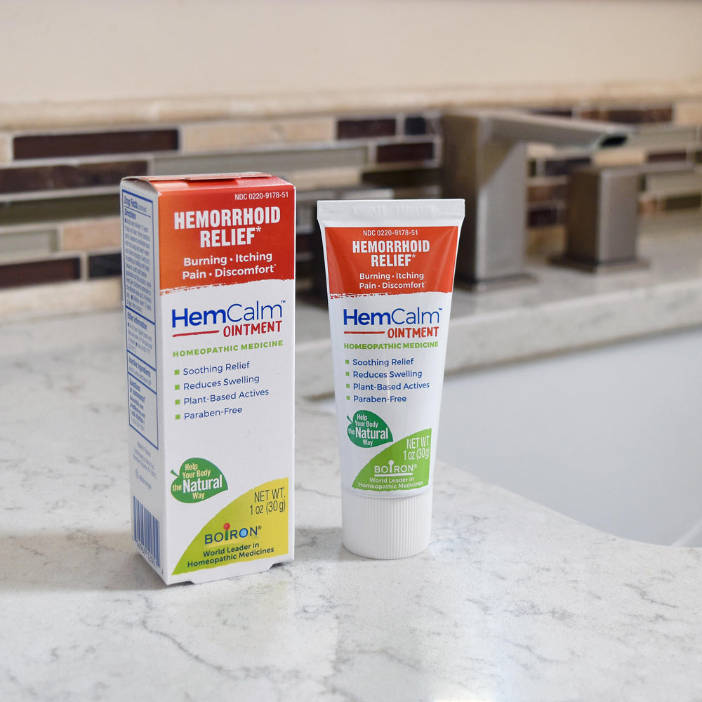 HemCalm ointment packaging on a bathroom counter