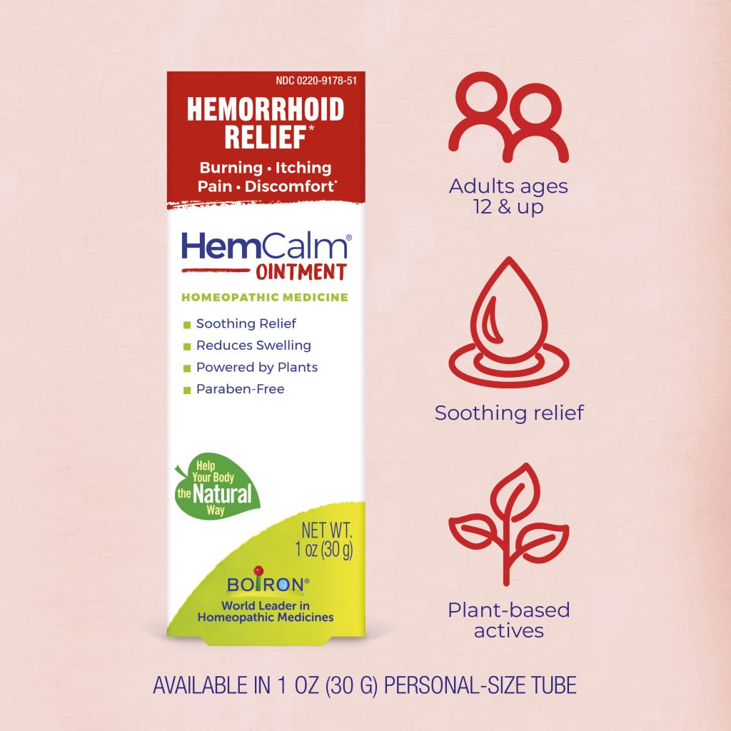 HemCalm ointment packaging with product details on a pink background