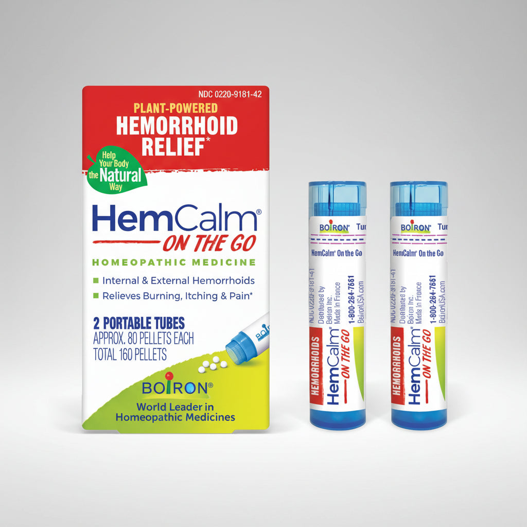 HemCalm on the Go packaging with two portable tubes on a white background