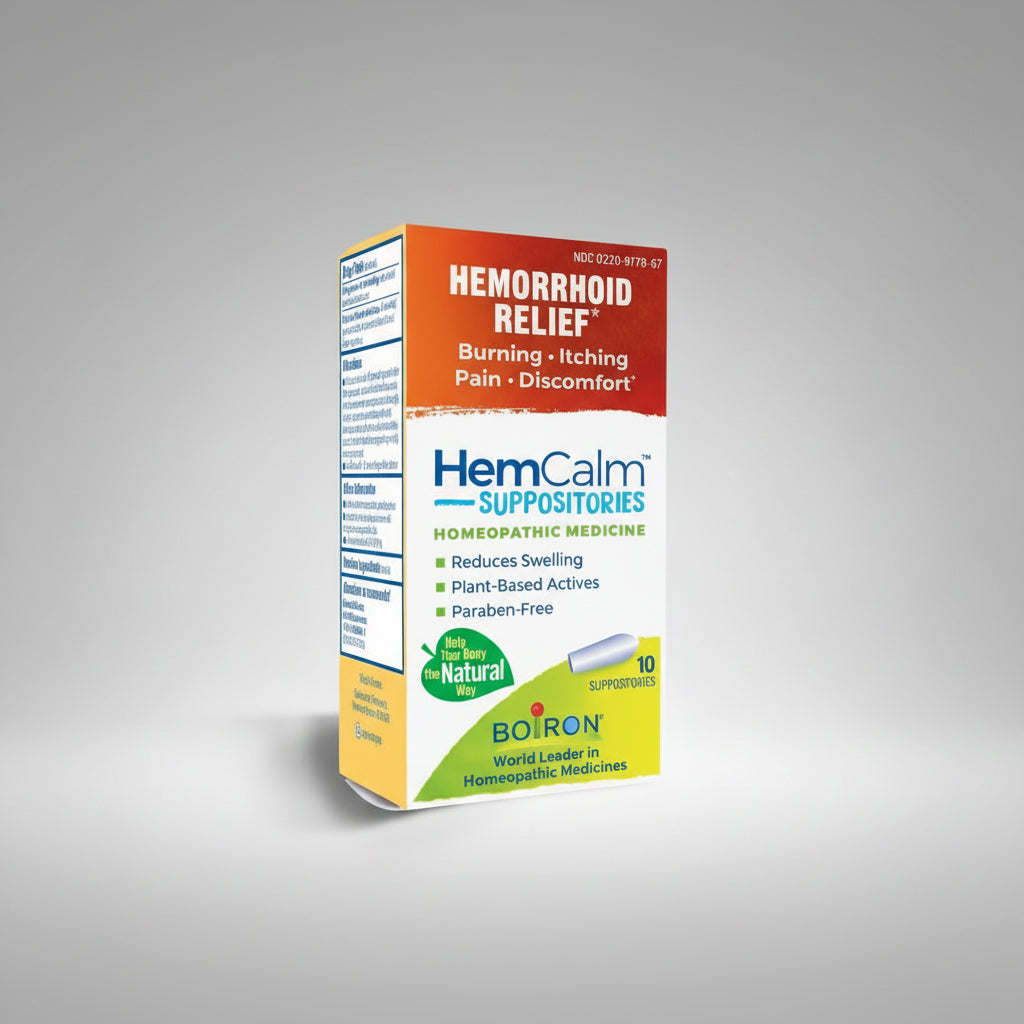 Box of HemCalm suppositories for hemorrhoid relief on a white background