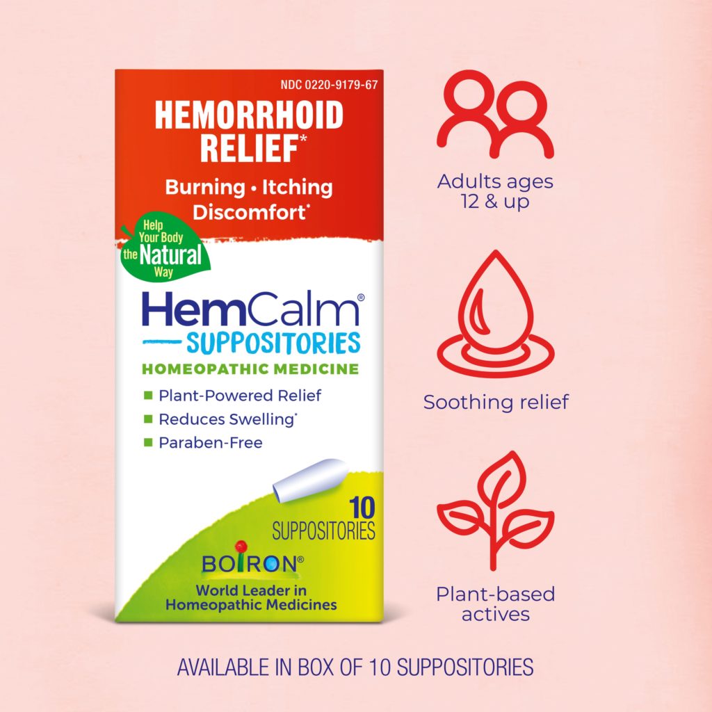 HemCalm suppositories packaging with product details on a pink background