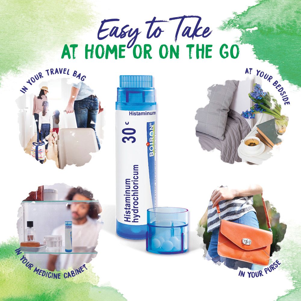 Promotional image of a histamine supplement with lifestyle images and text indicating its convenience for travel and home use.