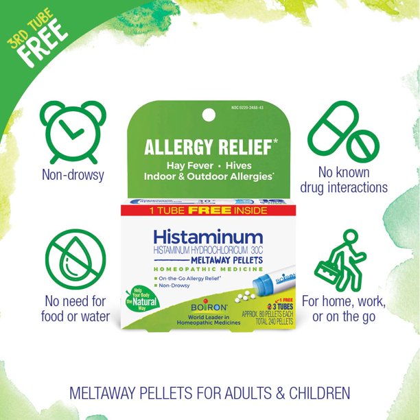 Allergy relief product packaging with green and white design elements.