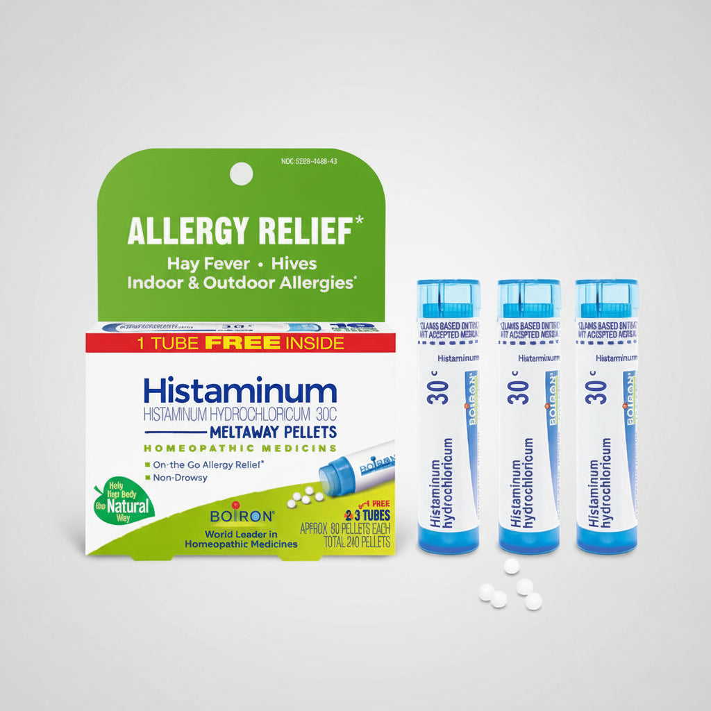 Boiron Histaminum Meltaway Pellets packaging with allergy relief text on a white background