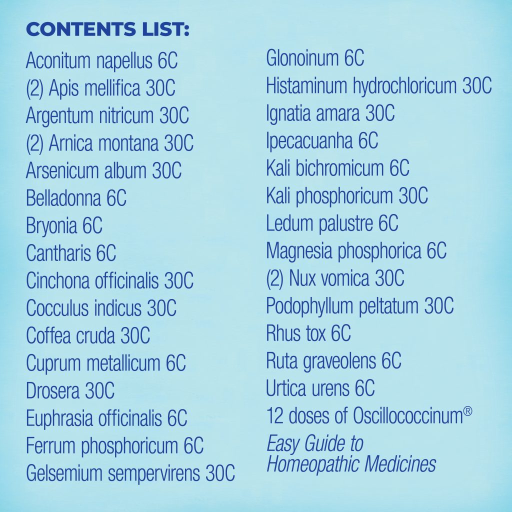 List of homeopathic medicines on a blue background