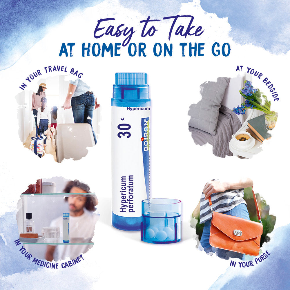Promotional image of a Hypericum perforatum product with lifestyle images and text indicating its convenience.