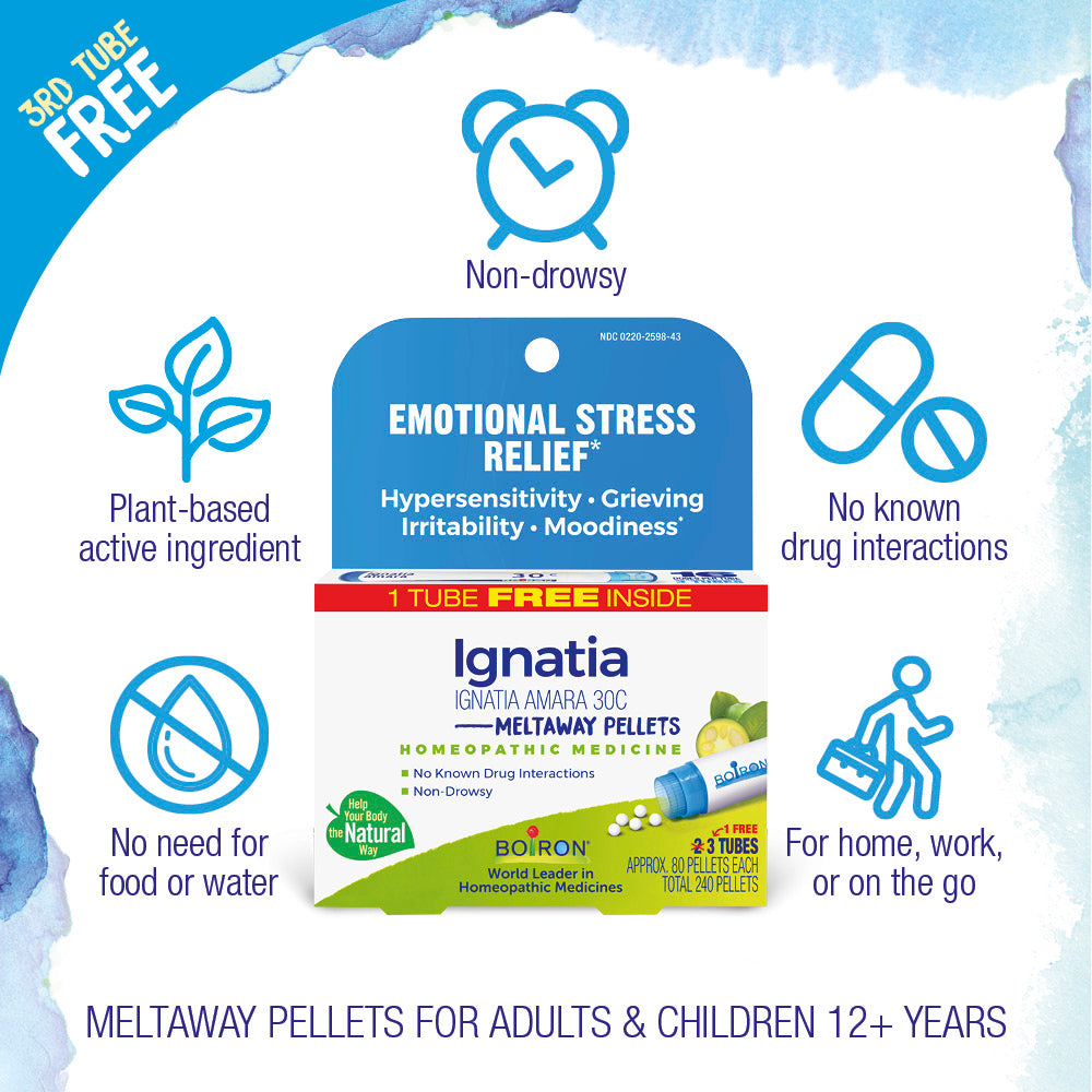 Boiron Ignatia Amara 30C Homeopathic Emotional Wellness Pellets Bonus Pack 3 Tubes