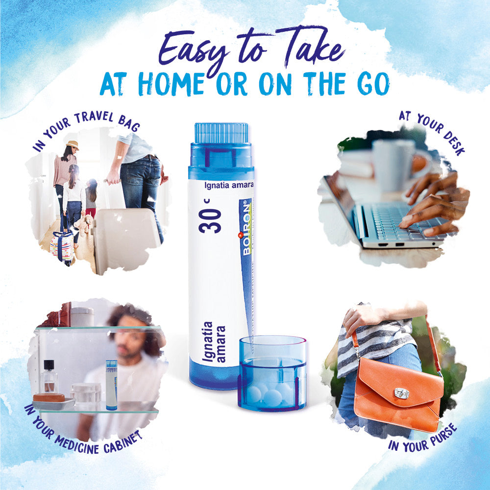 Promotional graphic for a supplement bottle with lifestyle images and text indicating its portability.