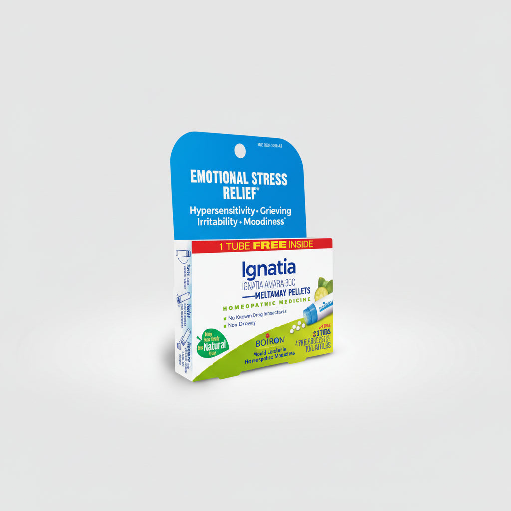 Package of Ignatia homeopathic medicine for emotional stress relief on a white background