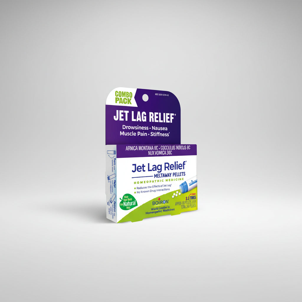 Box of Jet Lag Relief Meltaway Pellets by Boiron on a white background