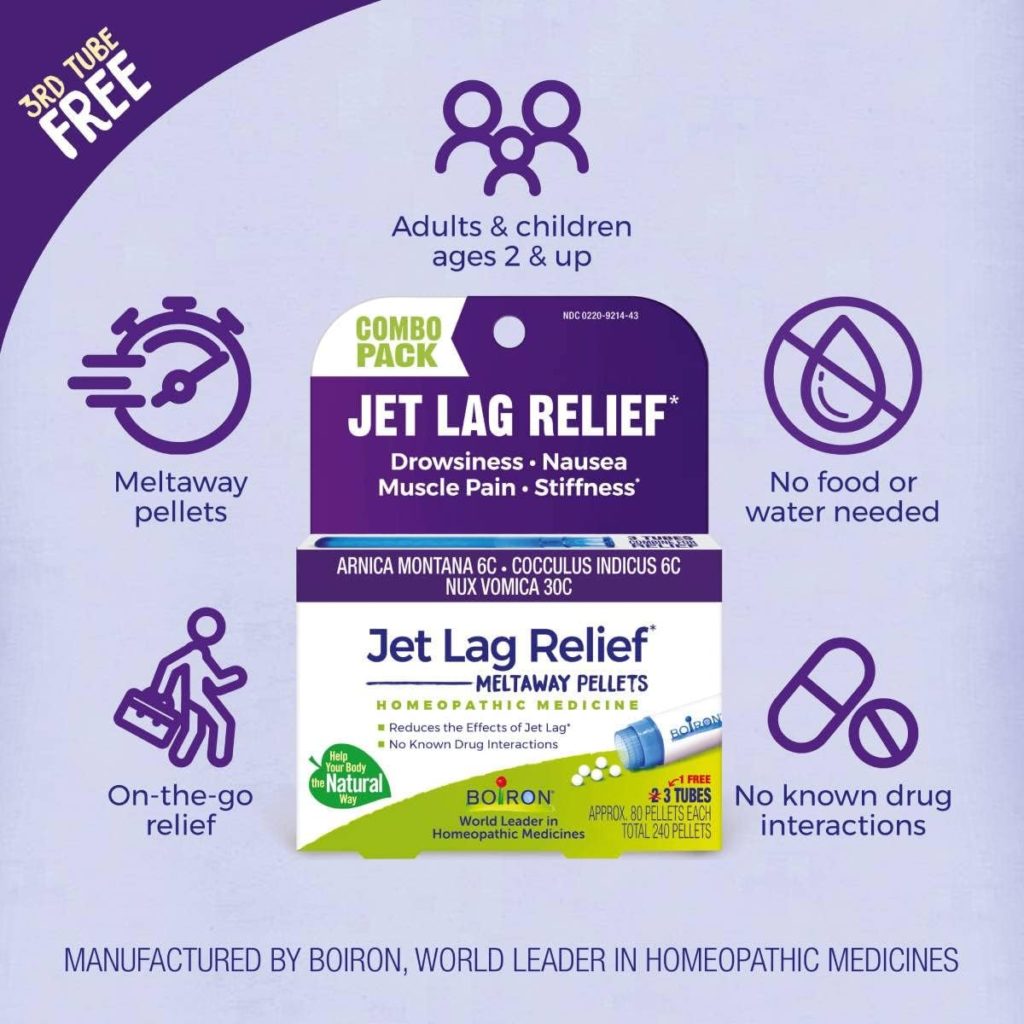 Boiron Jet Lag Relief packaging with product details on a light purple background