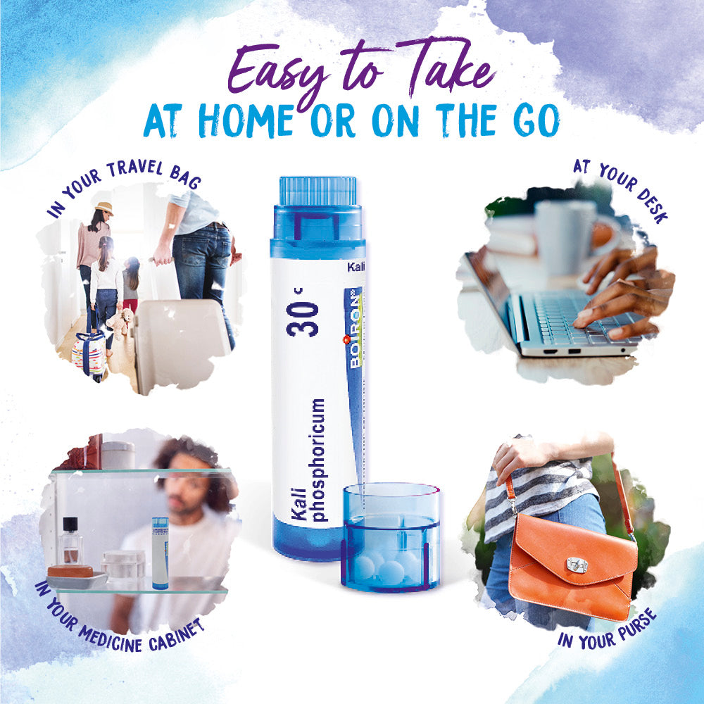 Promotional image of a Kali phosphoricum product with lifestyle images and text indicating its portability.