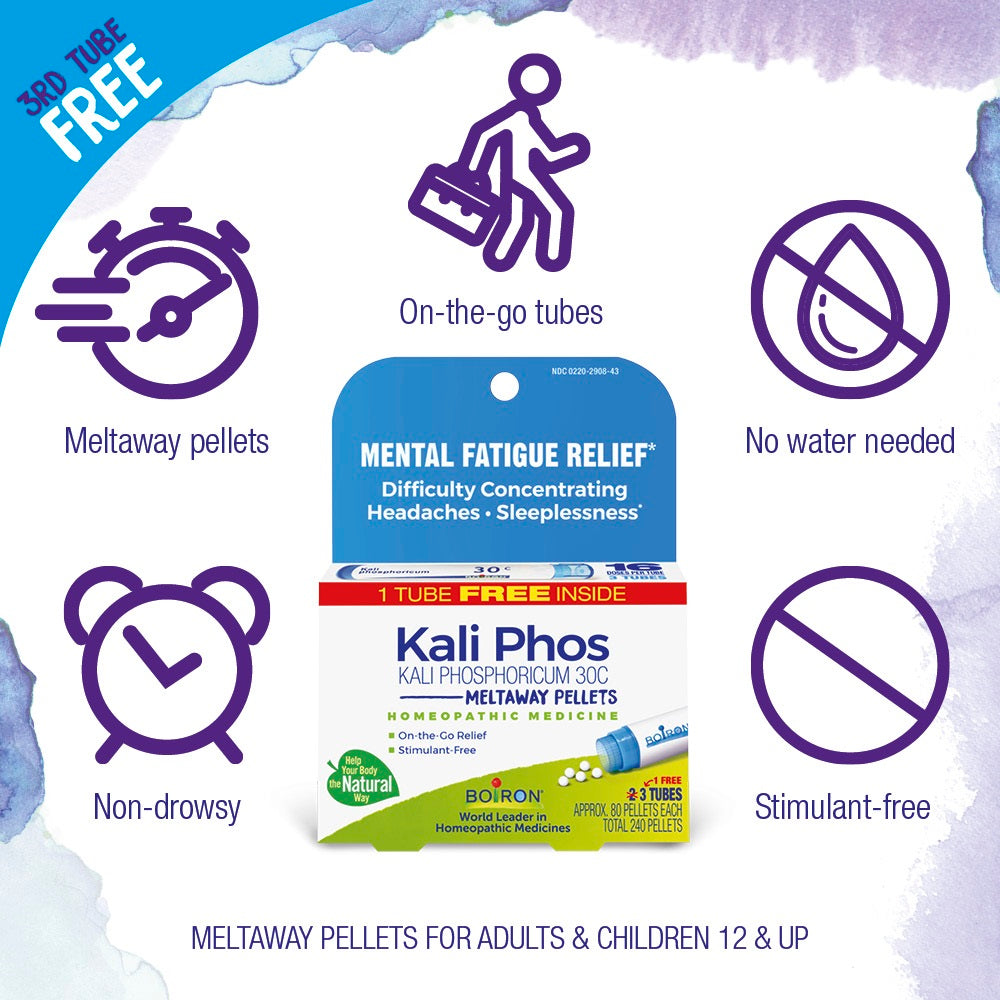 Kali Phos homeopathic remedy packaging with features listed on a blue and white background