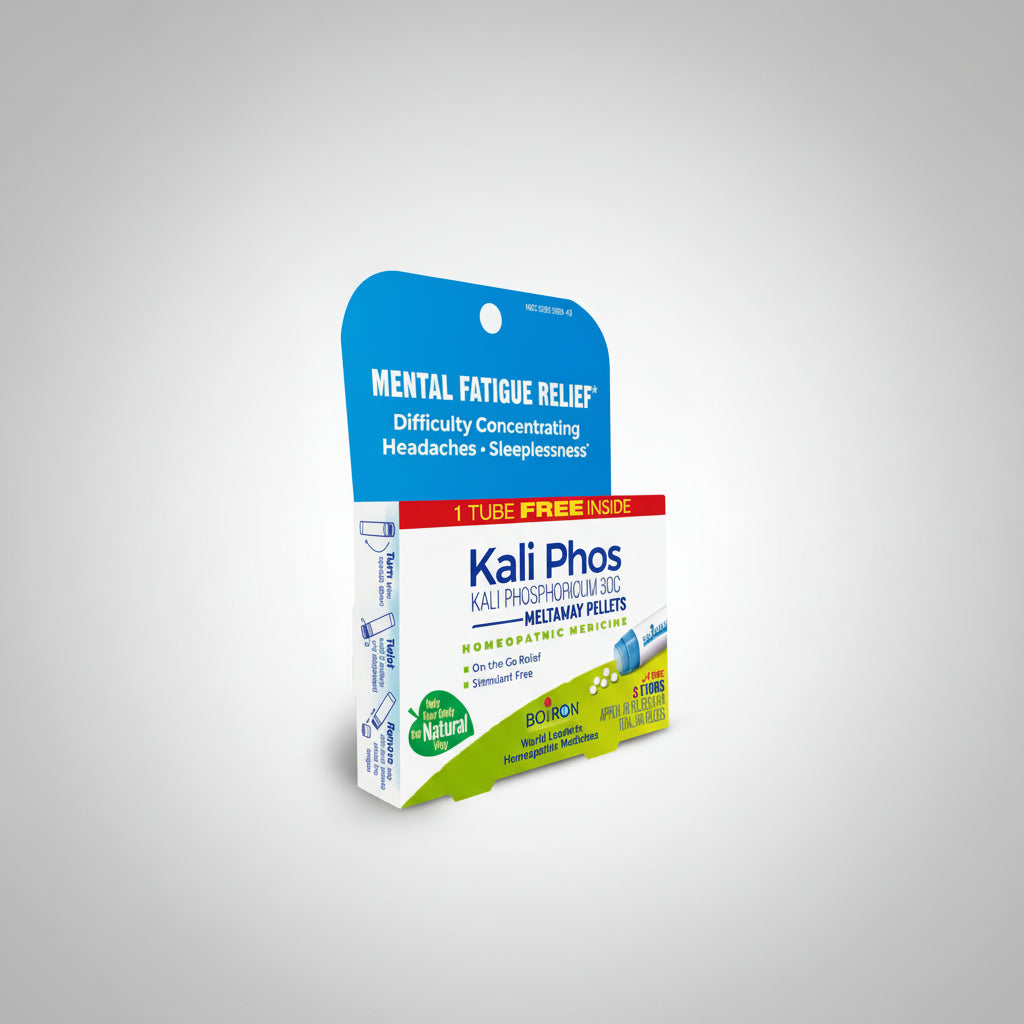 Kali Phos homeopathic medicine packaging for mental fatigue relief on a white background