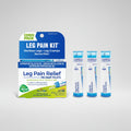 Leg pain relief kit with packaging and pellets on a white background