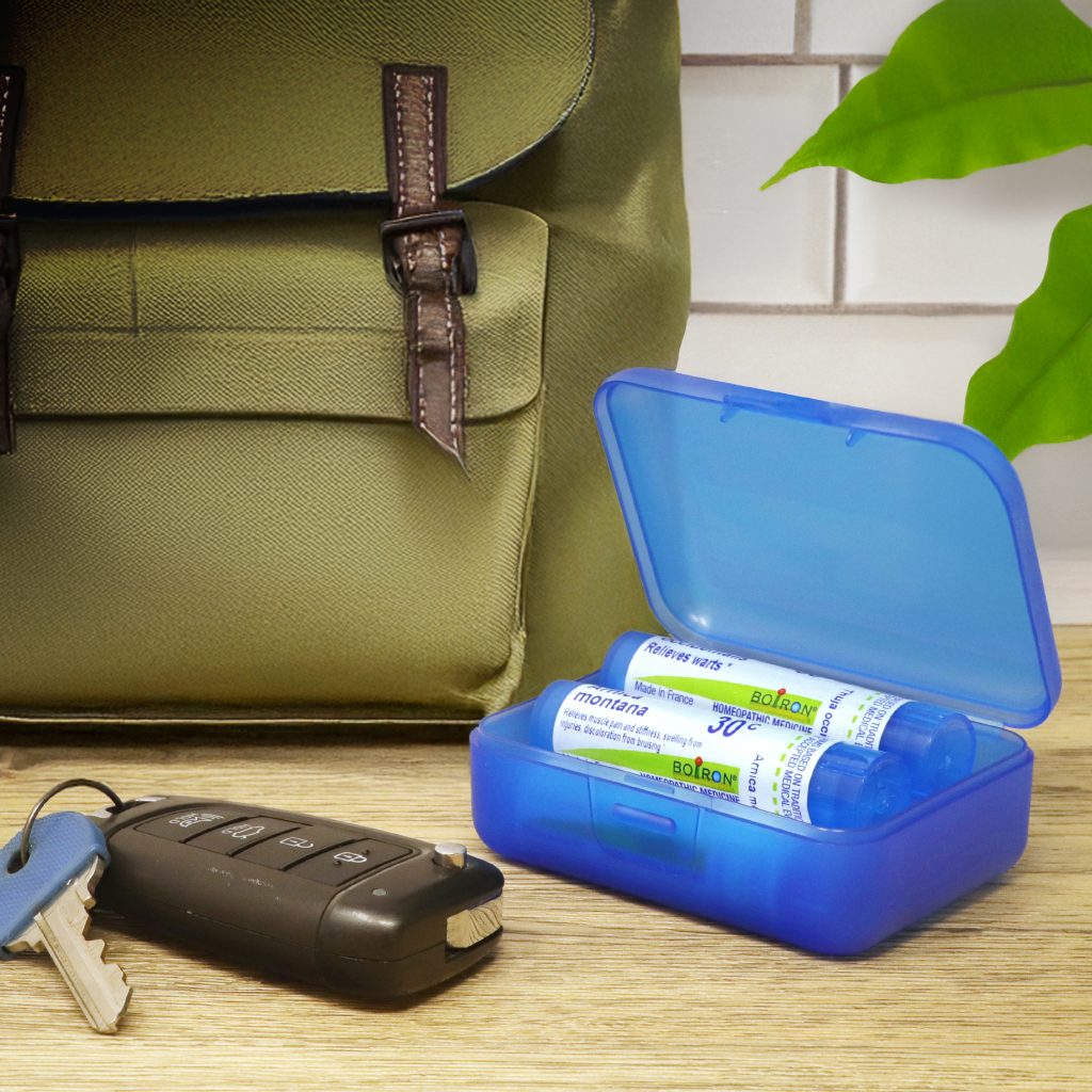 Blue battery case with batteries, keys, and a green backpack on a wooden surface.