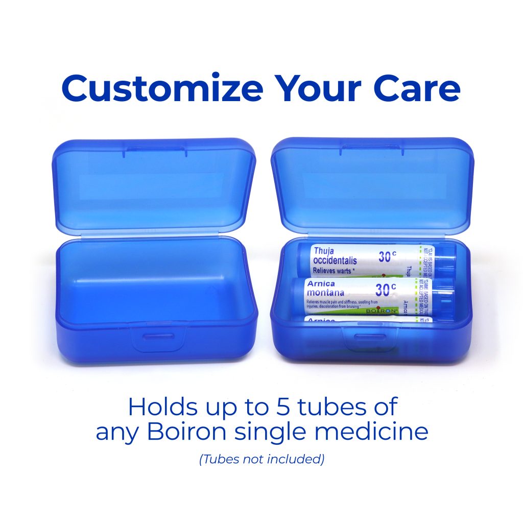 Blue medicine box with text 'Customize Your Care' and 'Holds up to 5 tubes of any Boiron single medicine'.