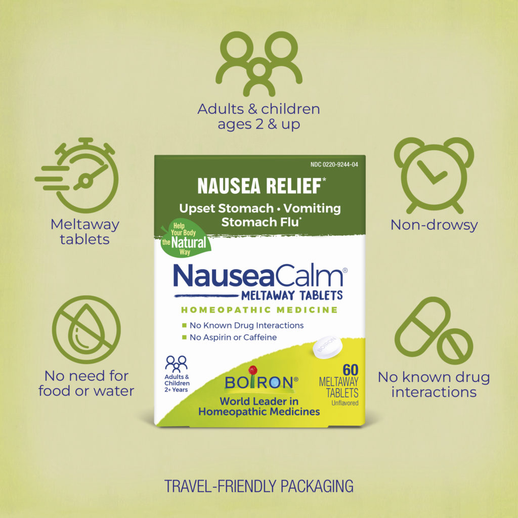 Nausea relief medication packaging with Boiron branding on a light green background