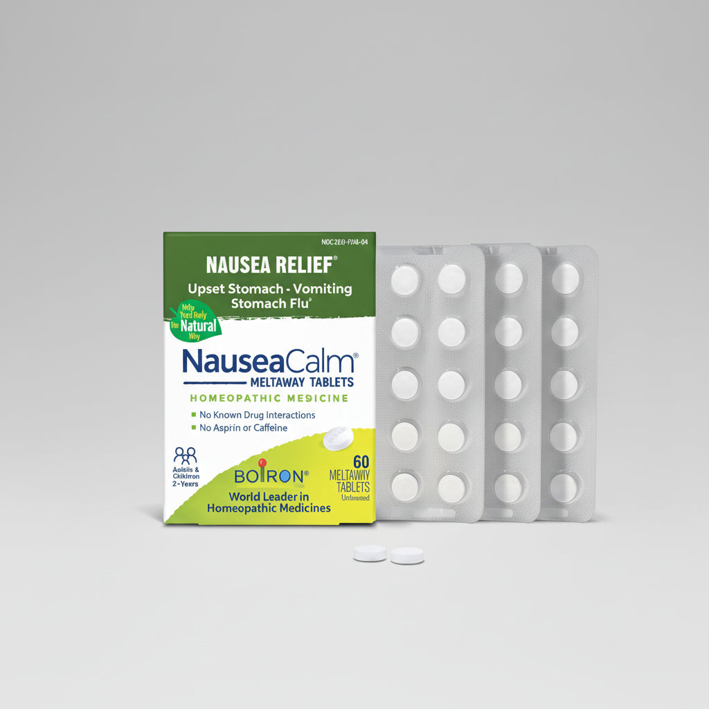 Nausea relief medication packaging with tablets on a white background