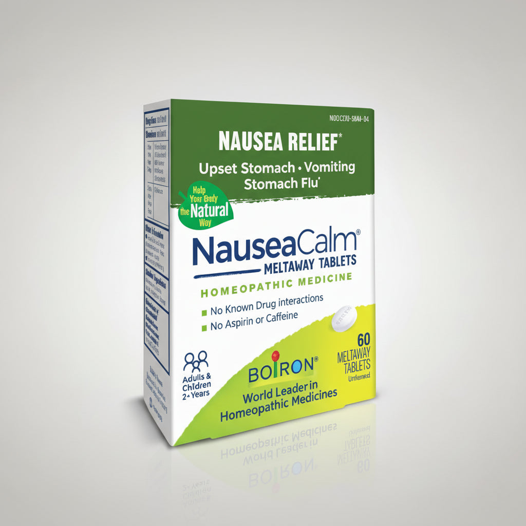 Box of Nausea Calm Meltaway Tablets for nausea relief on a white background
