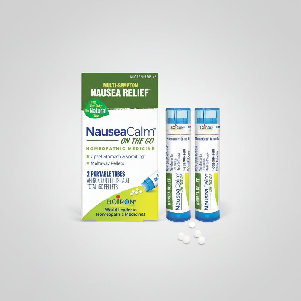 NauseaCalm on the Go homeopathic medicine packaging with two portable tubes and pellets on a white background.