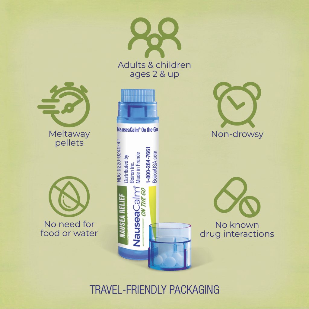 Nausea relief product with features listed on a green background