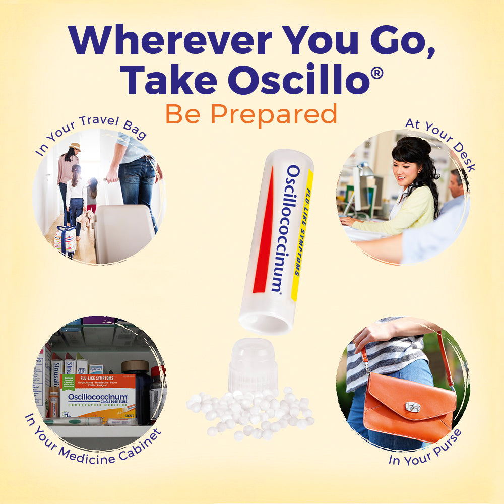 Promotional graphic for Oscilloccinum with product images and text on a beige background