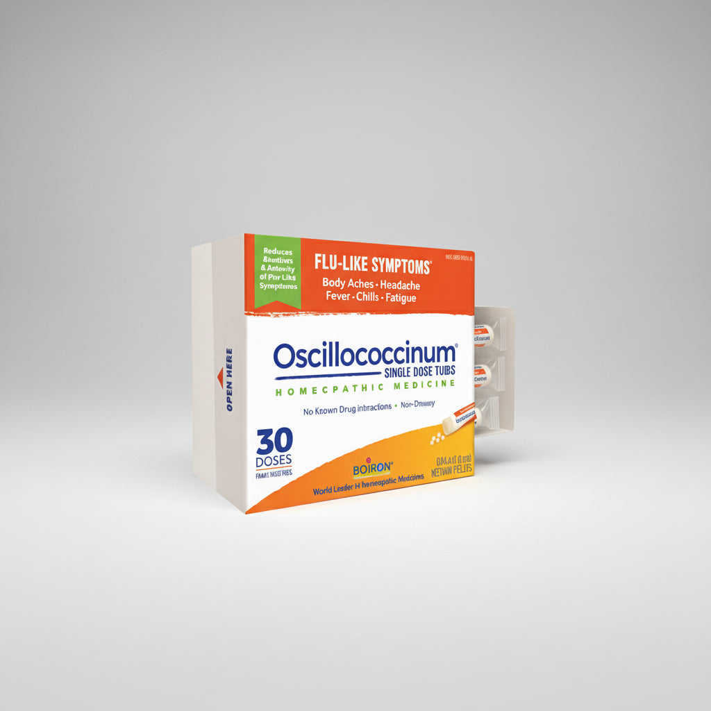 Box of Oscillococcinum homeopathic medicine for flu-like symptoms on a white background