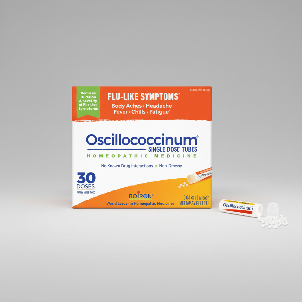 Oscillococcinum homeopathic medicine packaging with a single dose tube on a white background