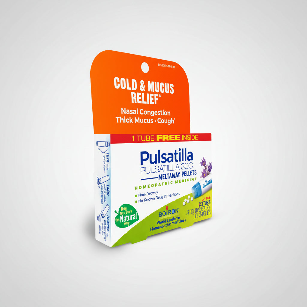 Pulsatilla meltaway pellets packaging for cold and mucus relief on a white background