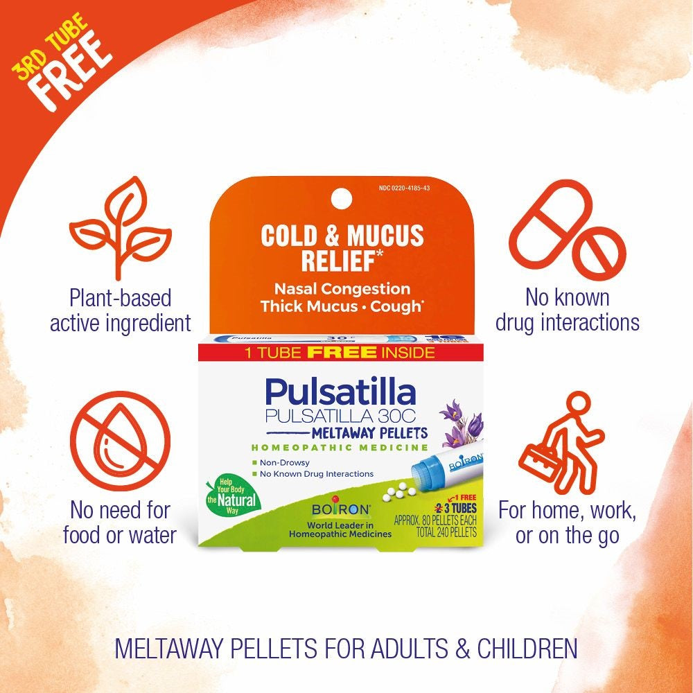 Pulsatilla meltaway pellets packaging with branding and product features on a decorative background