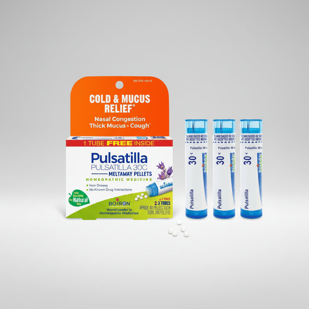 Pulsatilla homeopathic medicine packaging for cold and mucus relief on a white background