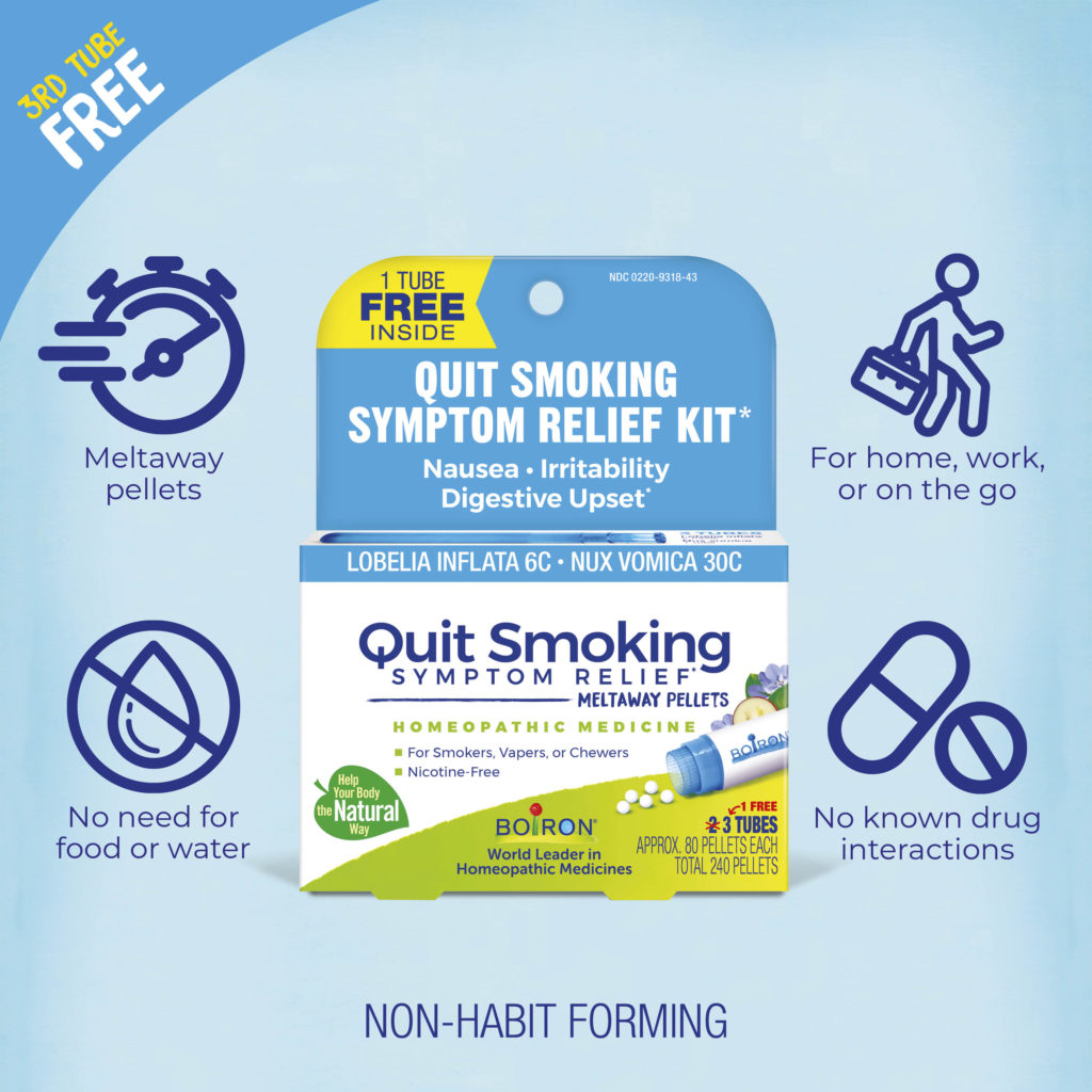 Quit Smoking Symptom Relief Kit packaging with features listed on a blue background