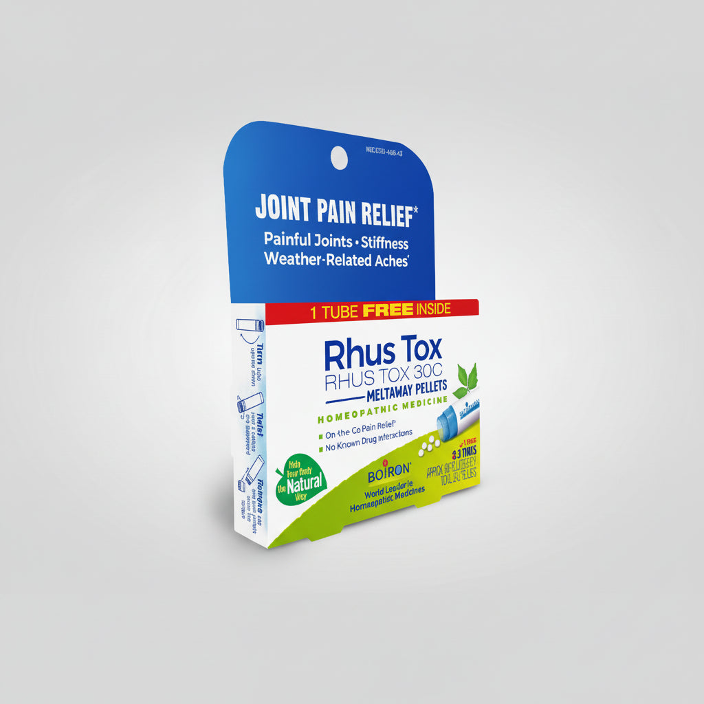 Boiron Rhus Tox Meltaway Pellets packaging for joint pain relief on a white background