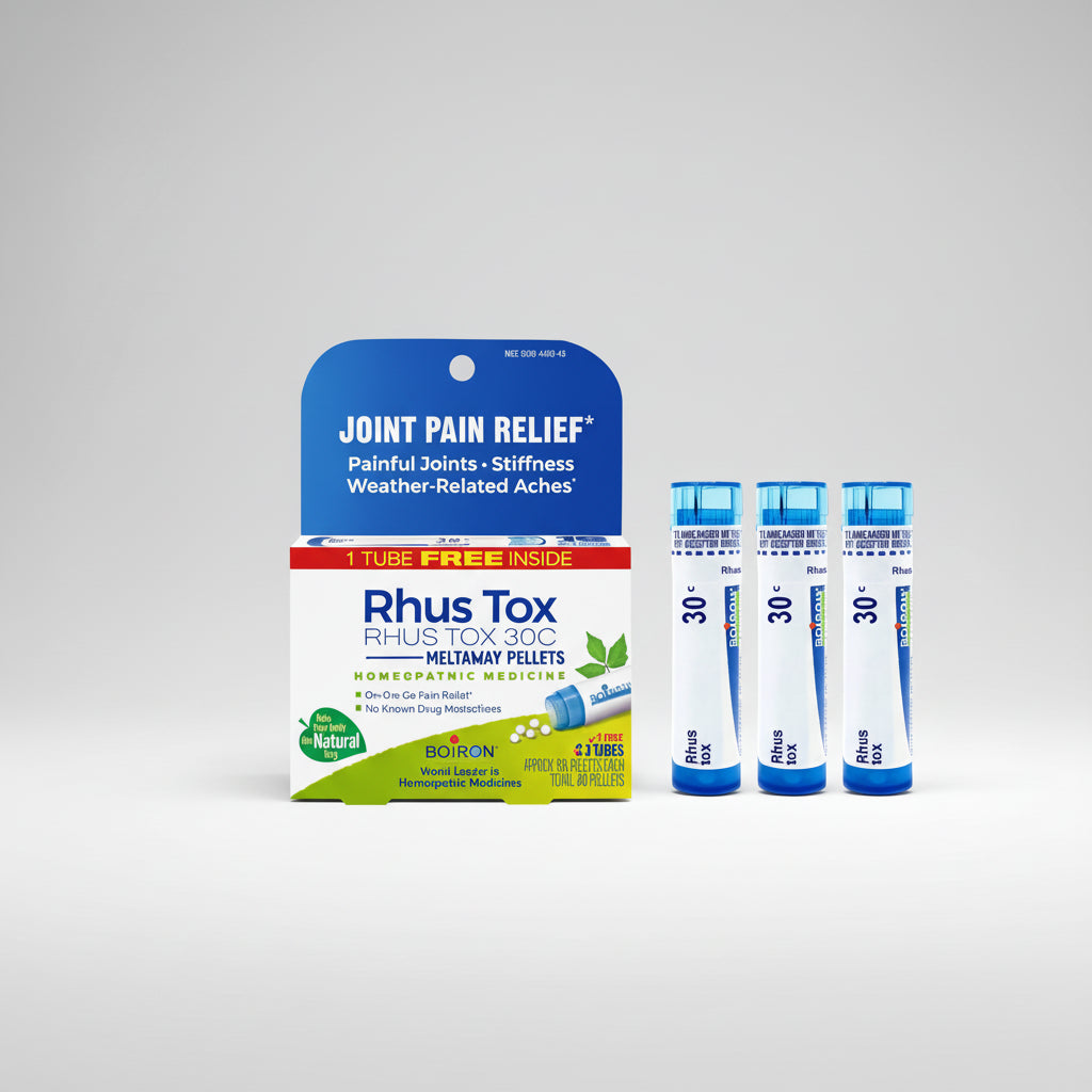 Boiron Rhus Tox 30C Meltaway Pellets packaging for joint pain relief on a white background