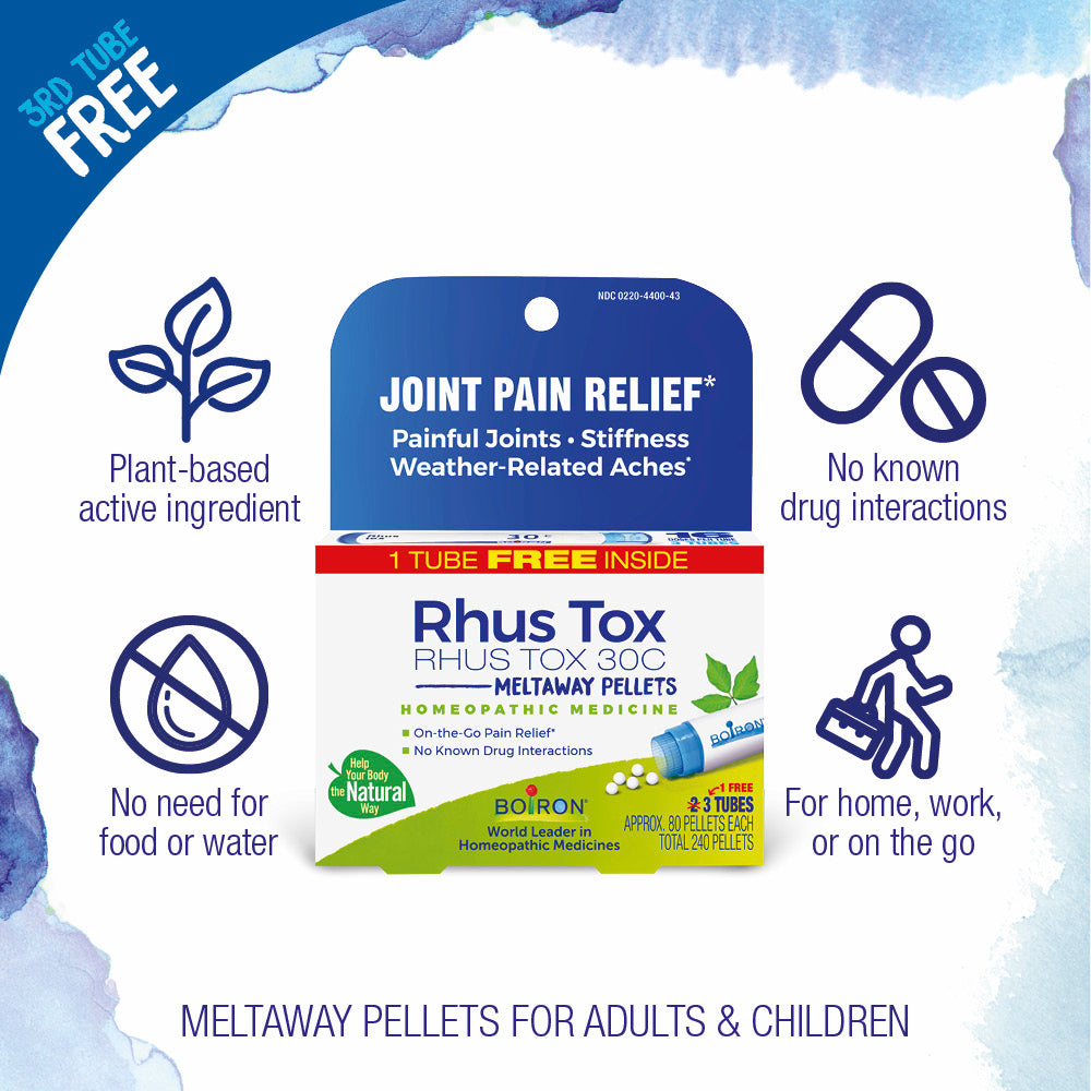 Rhus Tox homeopathic medicine packaging with joint pain relief text and product features.