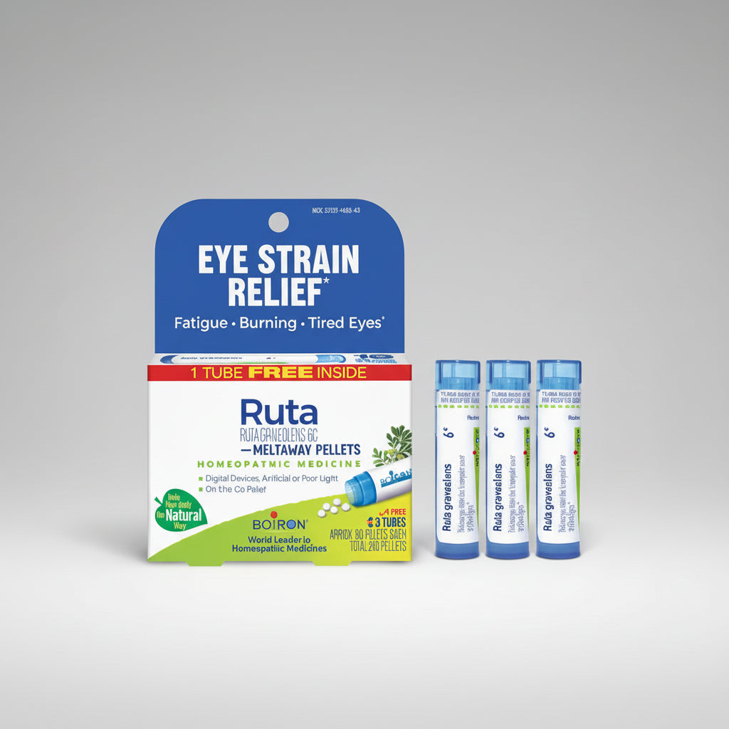 Ruta eye strain relief product packaging with multiple tubes on a white background
