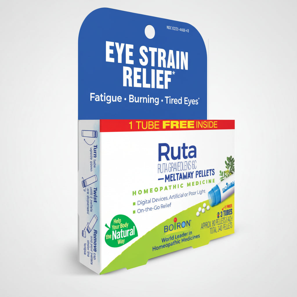 Ruta eye strain relief packaging with blue, white, and green colors on a white background