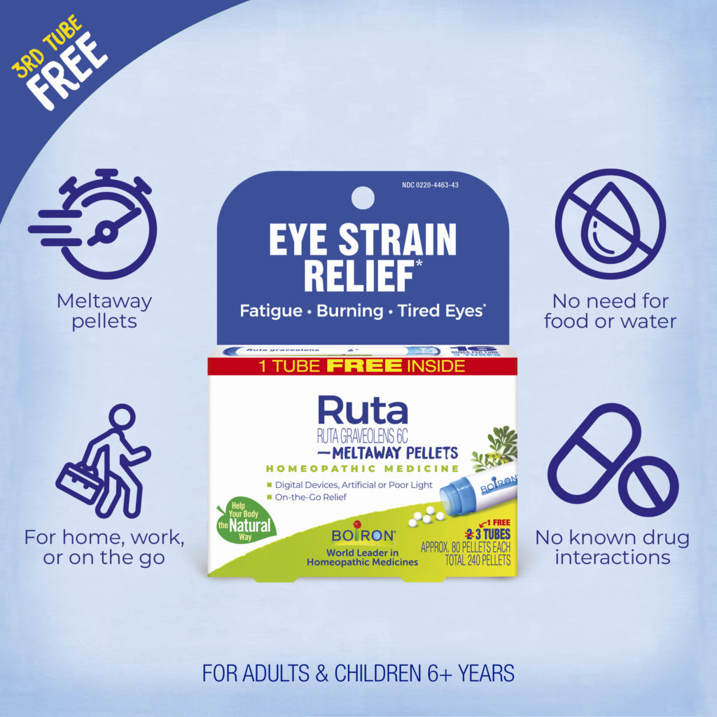 Ruta Eye Strain Relief packaging with features listed on a blue and white background