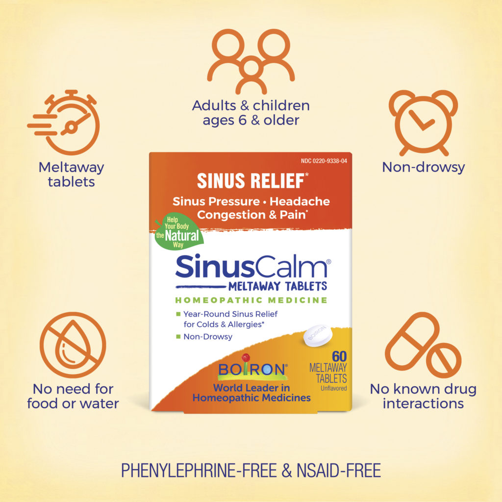 Boiron SinusCalm sinus relief product packaging with features on a beige background