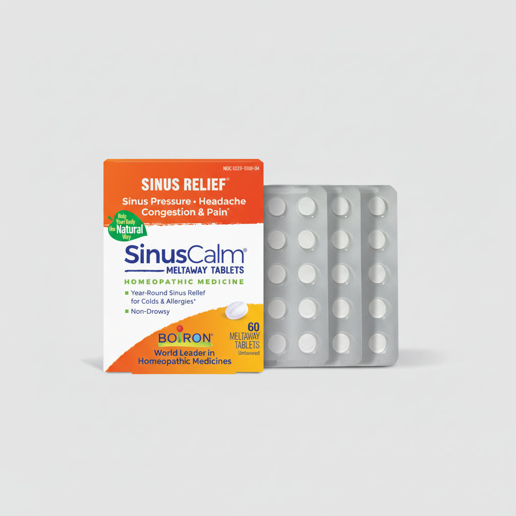 Boiron SinusCalm sinus relief tablets packaging with blister pack on a white background