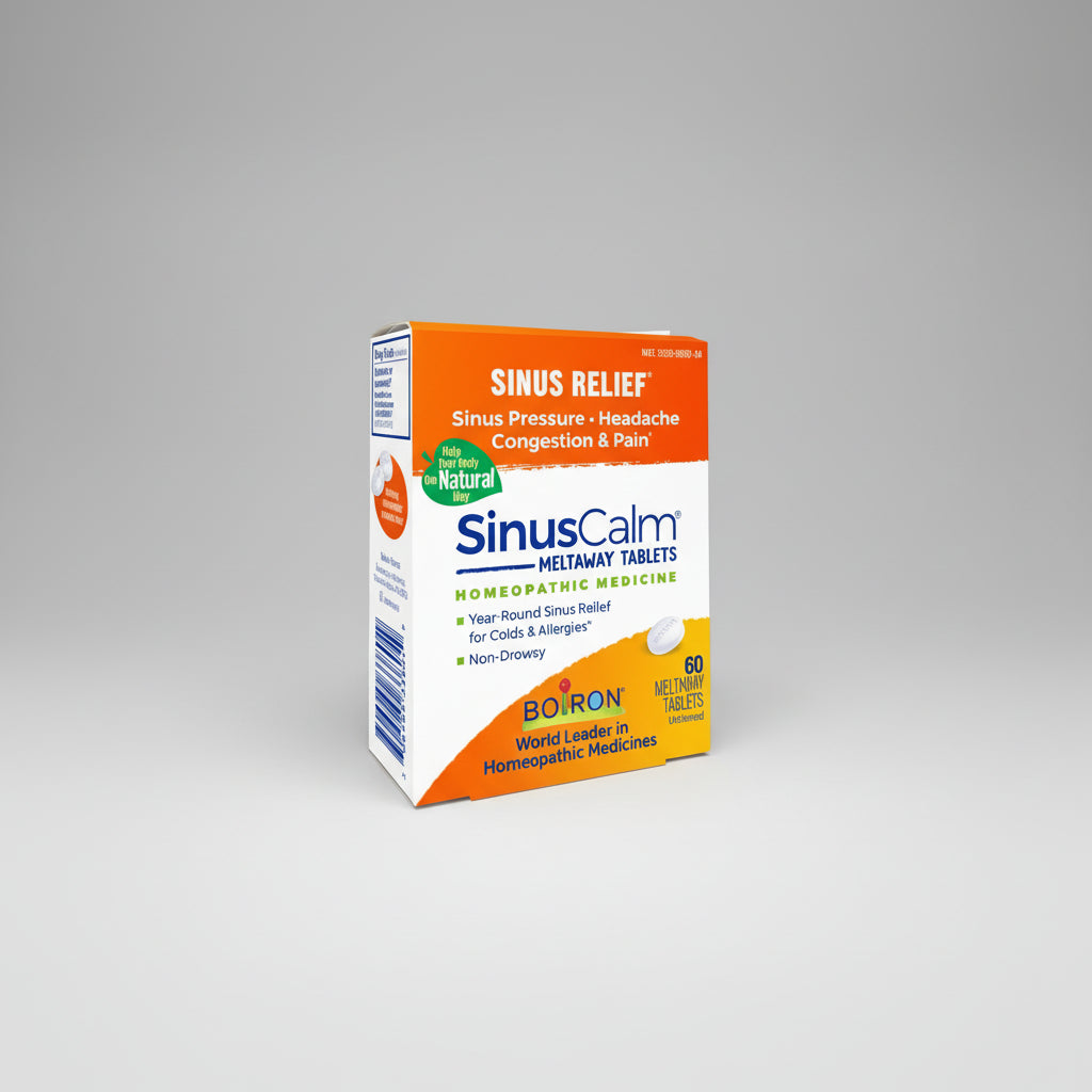 Box of SinusCalm Meltaway Tablets for sinus relief on a white background