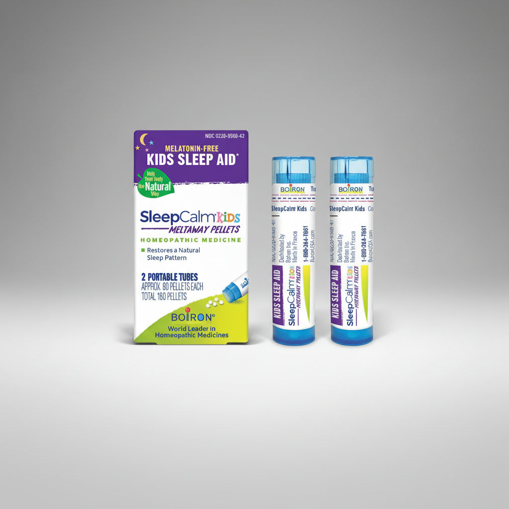 Boiron SleepCalm Kids Meltaway Pellets packaging with two blue tubes on a white background
