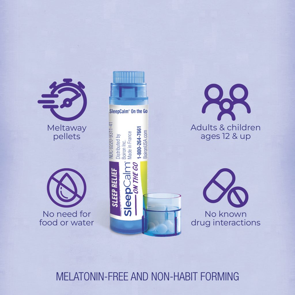 Sleep aid product with features listed on a light purple background