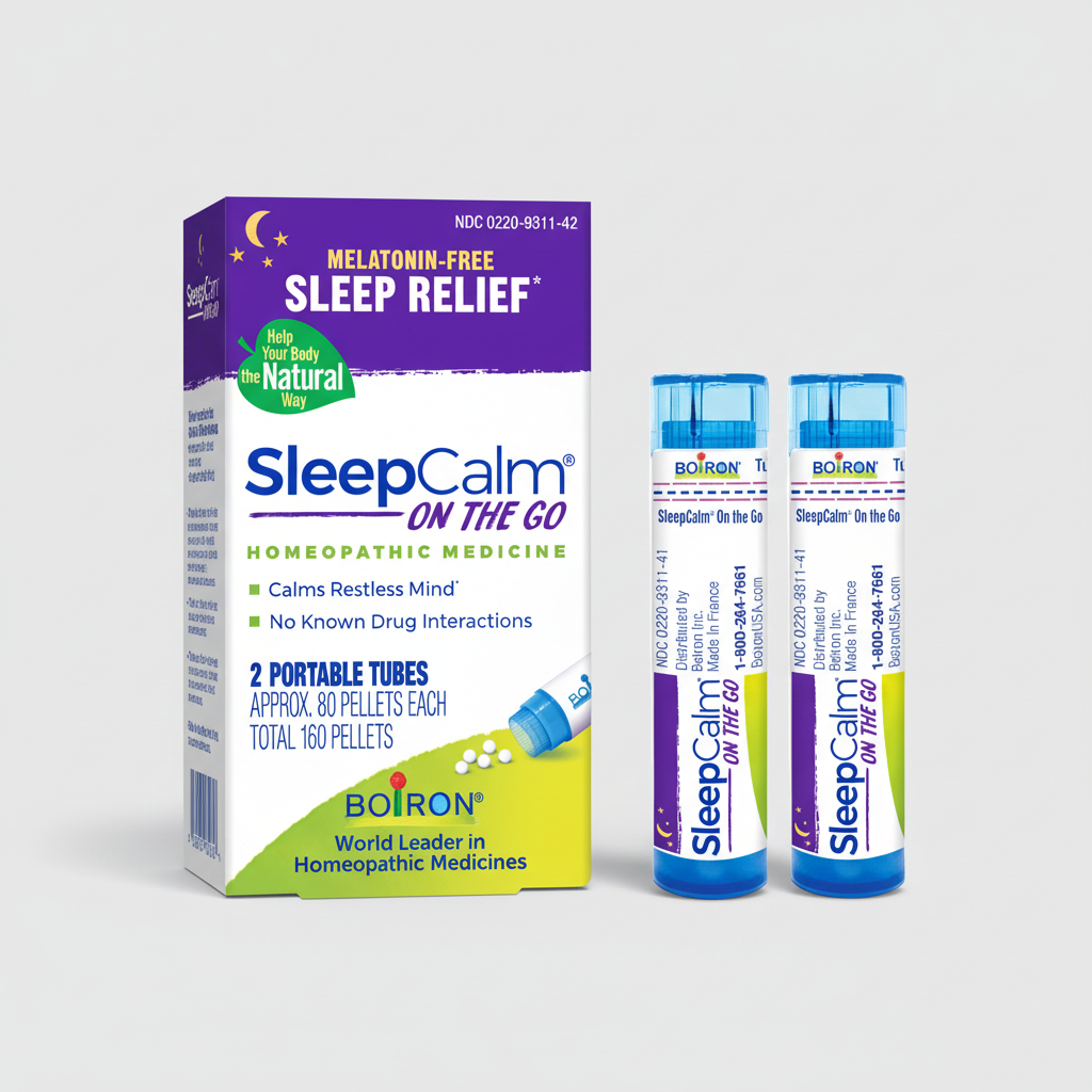SleepCalm on the Go homeopathic medicine packaging with two portable tubes on a white background