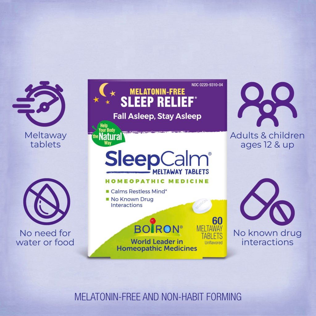 SleepCalm homeopathic medicine packaging with Boiron branding on a purple background