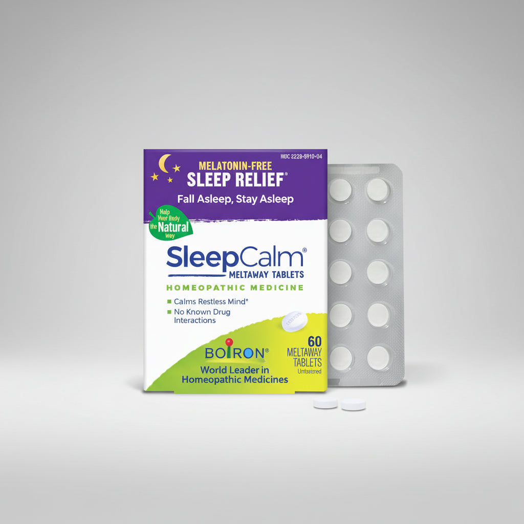 SleepCalm homeopathic medicine packaging with tablets on a white background