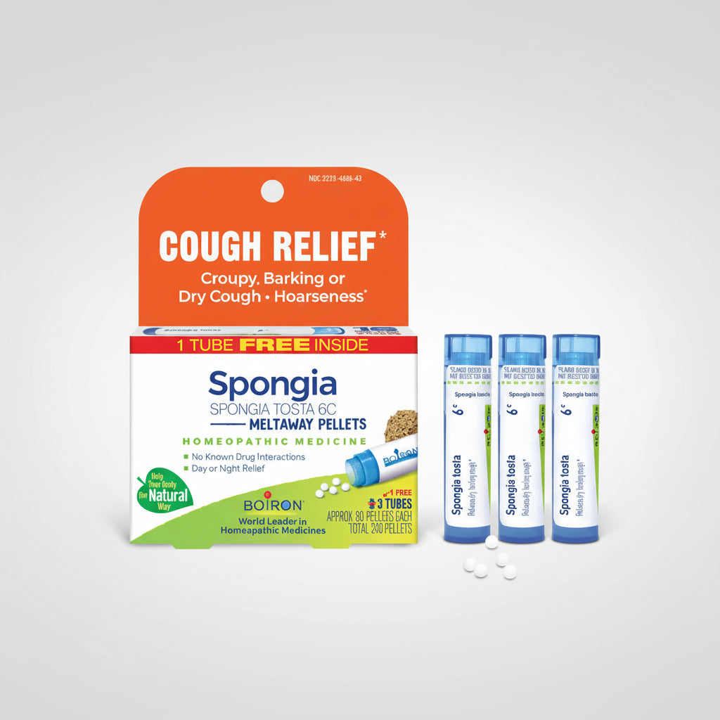 Spongia Tosta Boe homeopathic medicine packaging for cough relief on a white background